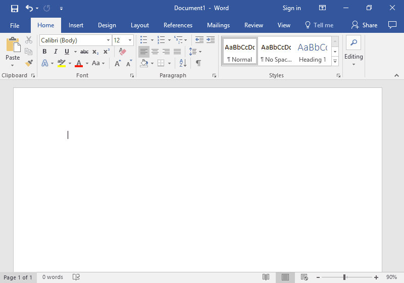 لقطة حقيقية لنافذة Microsoft Word توضح الشريط ومساحة المستند وشريط الحالة